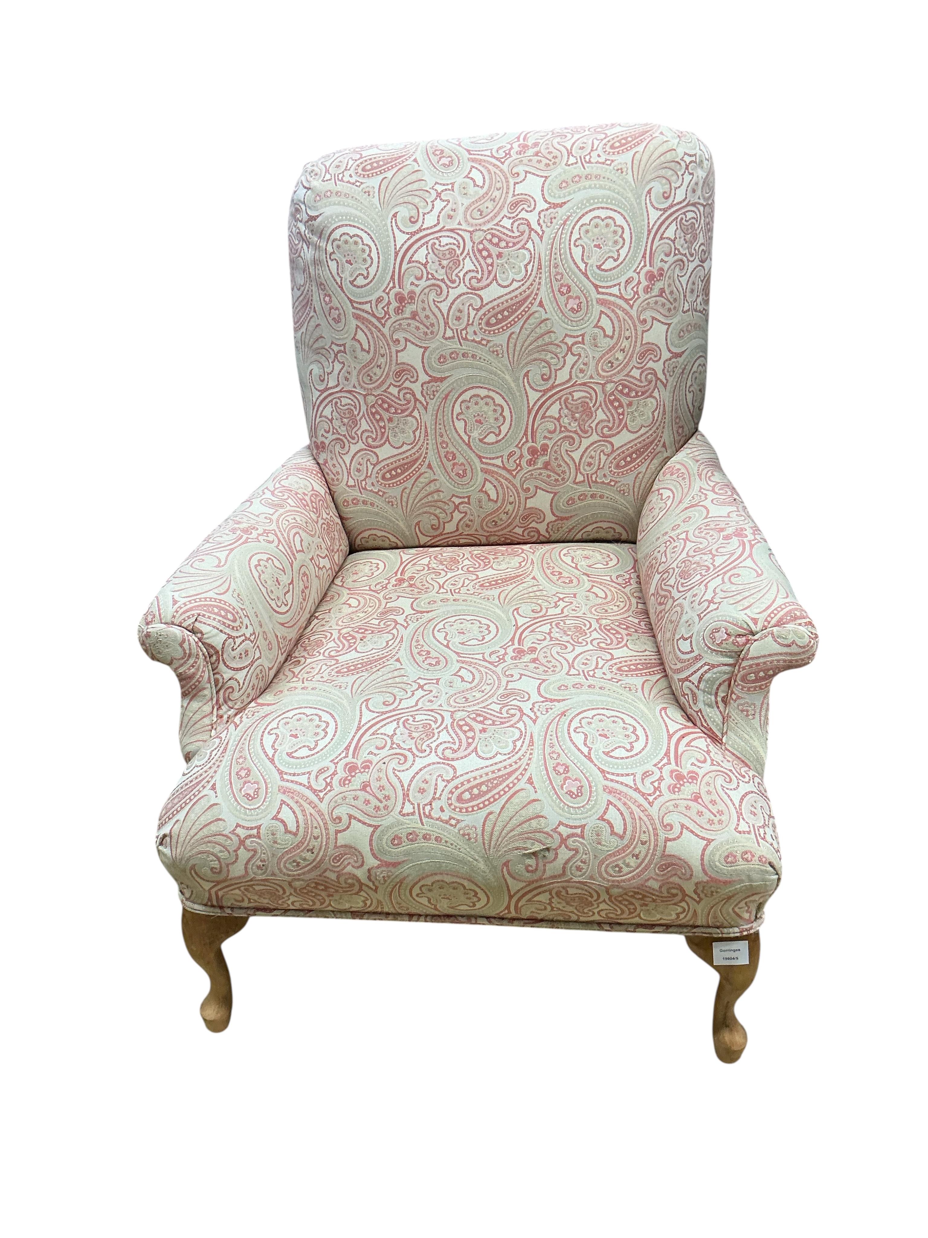 A Victorian style upholstered armchair, width 80cm, depth 78cm, height 98cm